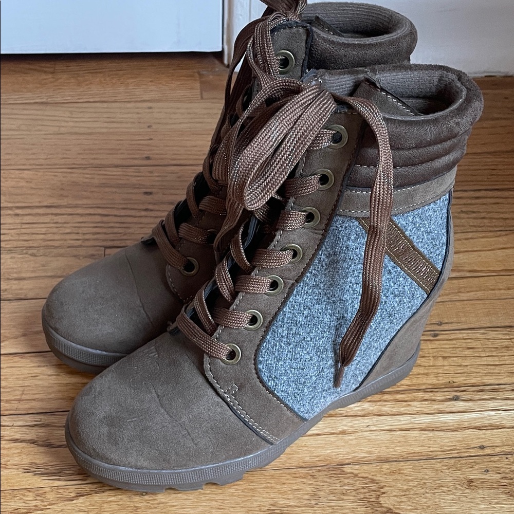 Serra Brown and Grey Lace Up Wedge Boots